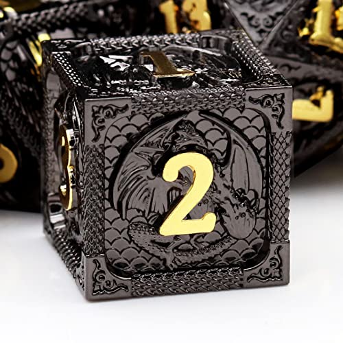 Haxtec Metal DND Dice Set Black Gold Metal D&D Dice with Fire-Breathing Dragon Elements & Leather Dice Bag Polyhedral Dice Compatible with Dungeons and Dragons TTRPG Gifts - color: Black Gold