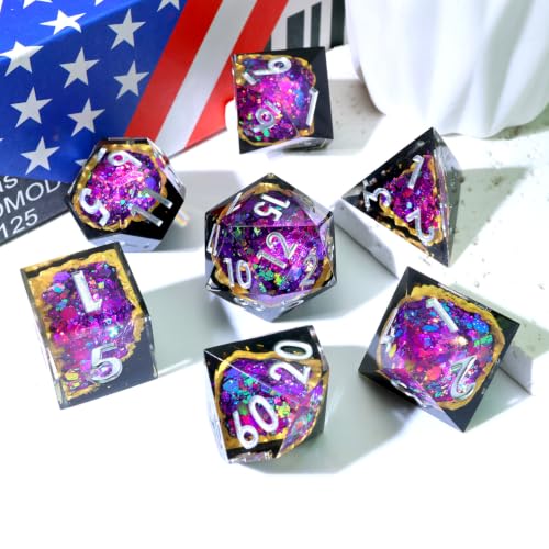 XENOLUX Polyhedral RPG Dice, Resin DND Dice Set for Dungeons and Dragons, Handmade Purple Geode Board Games Accessories with Holographic Foil and Tin Case (G1) - color: G1