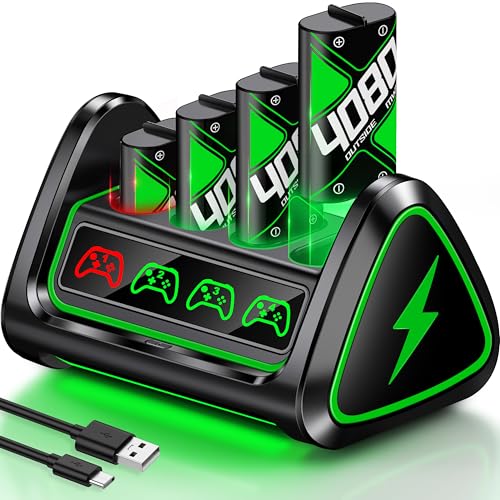 Upgraded Fast Charging Rechargeable Battery Packs with Light Control, 4 x 4080mWh Replacement Batteries with Charger Dock for Xbox Series X|S, One S/X/Elite Controllers, Cases and Storage,M Sets - size: M-Essential (4080mWh)