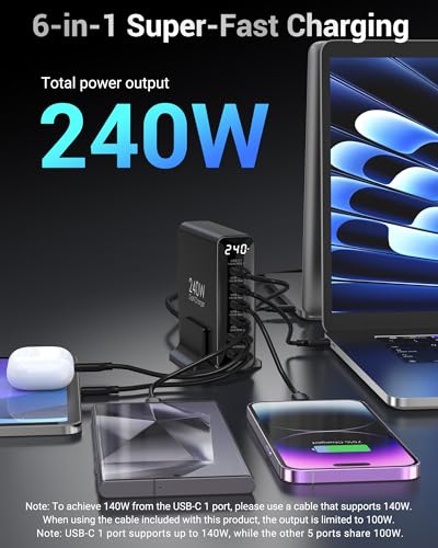 TOPADRE 240W USB C Charger with Display,6 Ports Charging Station | Laptop GaN Desktop Charger,140W Fast Charging Block for MacBook, iPad, iPhone 17/16, Galaxy S25/S24, Dell XPS and More - color: Black