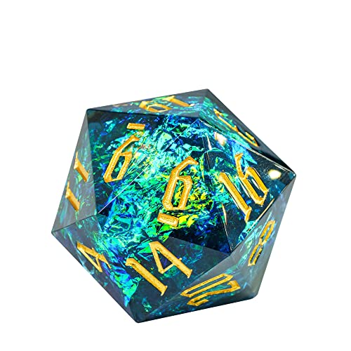 Cusdie Single D20 DND Dice with Sharp Edges and Glitter Foil Inclusions, 20 Sided D&D Dice, 33mm Handcrafted Polyhedral Dice, for Role Playing Game (Blue) - color: Blue