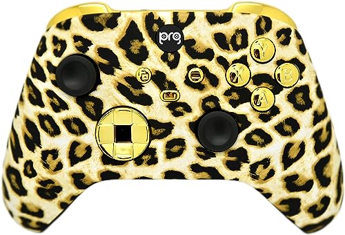Hand Airbrushed Fade Custom Controller Compatible with Xbox Series X/S & Xbox One (Series X/S Leopard W/Gold Chrome Inserts) - color: Leopard W/Inserts