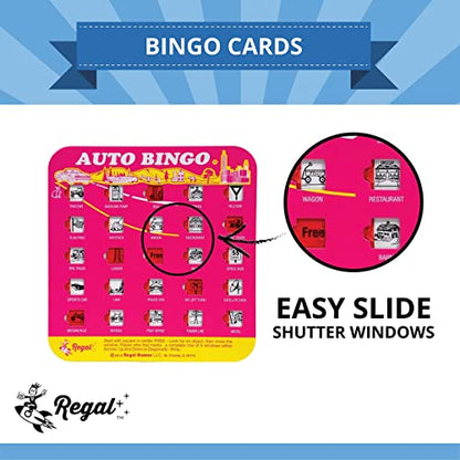 Regal Games Finger-Tip Shutter Bingo Cards with Sliding Windows - Auto Bingo Game Set - Travel Game for Adults & Kids - Reusable, No Chips & Daubers Needed - 4 Packs - Pink - color: Pink
