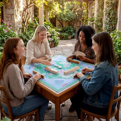 Soulchen Flower Blue and Green American Mahjong Mat for Table with Rules, No Creases, Ships Rolled, 31.5 x 31.5 Non-Slip Noise Reduction Gaming Mat with Carrying Bag for Poker Card Board - color: Blue and Green