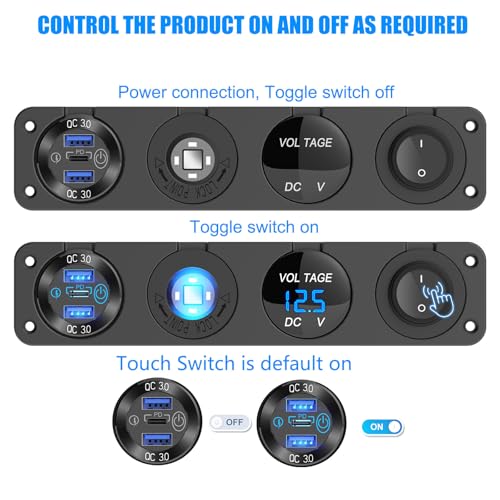 4 in 1-12V USB Outlet RV Accessories Marine Switch Panel Plug, PD3.0 and Dual QC3.0 Car USB Port Aluminum Charger, Lighted 150W Cigarette Lighter Socket, Blue LED Voltmeter and Toggle Switch DIY Kit - color: Charger+Socket+Voltmeter+Switch