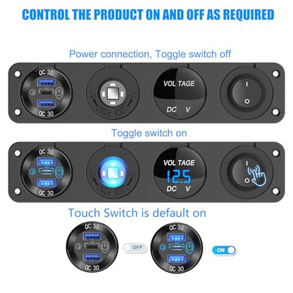 4 in 1-12V USB Outlet RV Accessories Marine Switch Panel Plug, PD3.0 and Dual QC3.0 Car USB Port Aluminum Charger, Lighted 150W Cigarette Lighter Socket, Blue LED Voltmeter and Toggle Switch DIY Kit - color: Charger+Socket+Voltmeter+Switch