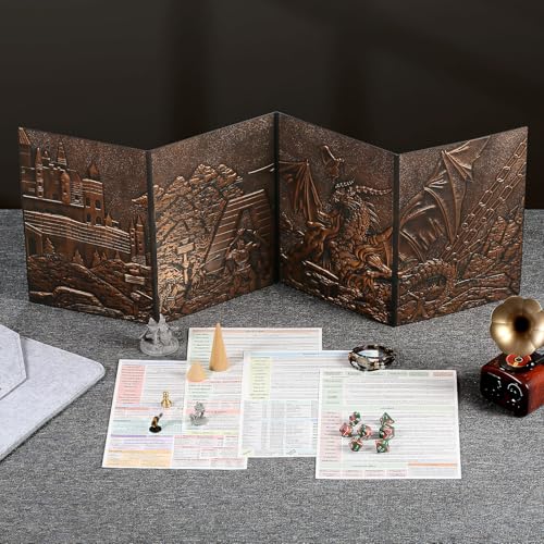 DNDND DM Screen 3D Faux-Leather Embossed Dragon with Four-Panel Pockets, DND Master Screen with Gorgeous Gift Flet Case for D&D Dungeons and Dragon Tabletop Game (Copper) - color: Copper