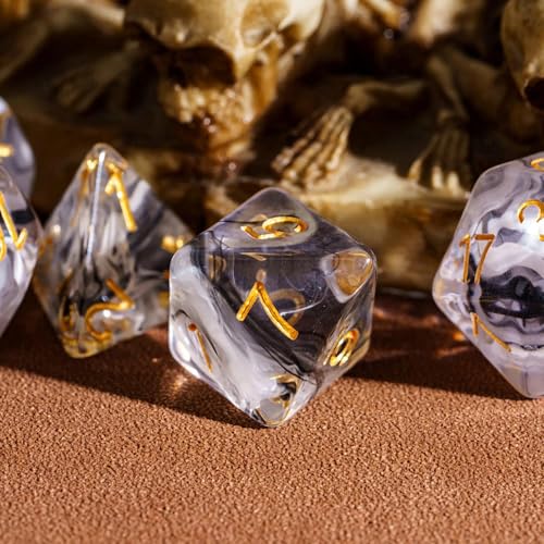 UDIXI 7PCS DND Dice Set, Resin Polyhedral D&D Dice for Role Playing Games | Black White Colors, Dreamy Effect, Velvet Dice Bag Packaging, for Dungeons and Dragons Role Playing Games and Tabletop Games - color: S-black and White