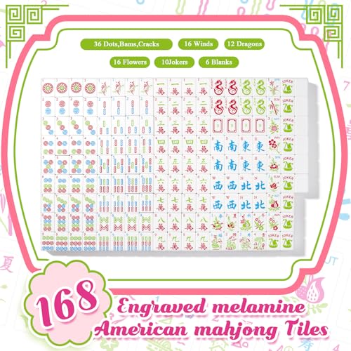 Soulchen 3 Layer American Mahjong Set, 168 Pcs Green and Pink Tiles with 2 Carrying Bags and Accessories 1.2'' Complete American Mahjong Tile Set for Travel Game Collection Women Lover Beginners