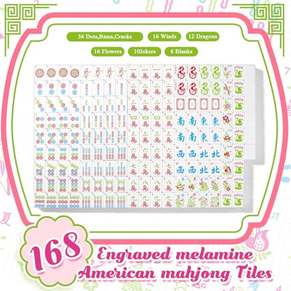 Soulchen 3 Layer American Mahjong Set, 168 Pcs Green and Pink Tiles with 2 Carrying Bags and Accessories 1.2'' Complete American Mahjong Tile Set for Travel Game Collection Women Lover Beginners