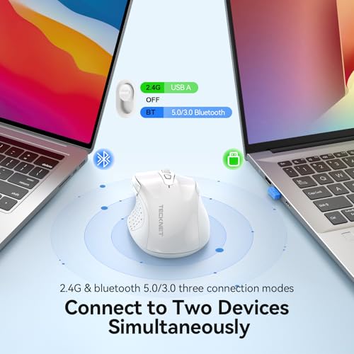 TECKNET Rechargeable Jiggler Wireless Mouse, Dual-Mode Connectivity, White | Silent USB A & Bluetooth Mouse, 6 Adjustable DPI, 6 Buttons, Ergonomic Design, Long Battery Life, Multi-Device Compatibility - color: White