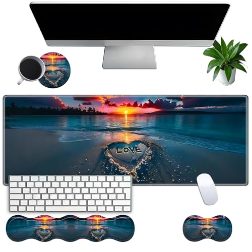 Large Gaming Mouse Pad Set with Wrist Support – 31.5" x 11.8" 4-in-1 XXL Mousepad with Keyboard Wrist Rest, Mouse Wrist Rest & Coaster – Ergonomic Desk Mat for Office, Home – Sunset Love Heart - color: Sunset Love Heart