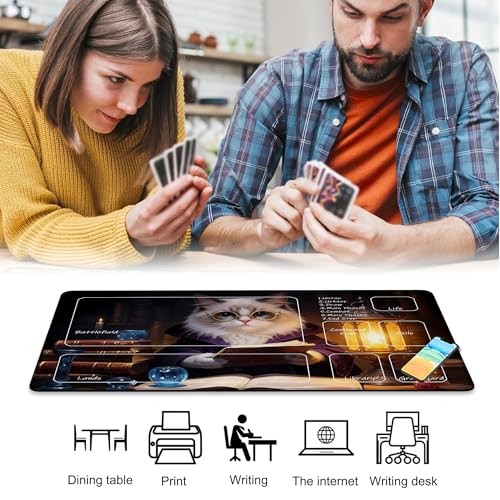 for MTG Playmat 24 x 14 Inches Cat Magic Play Mat Card Game Mat for Magic The Gathering TCG PTCG Playmat with Free Storage Bags Non-Slip Backing and Stitched Edge - color: Cat With Zones