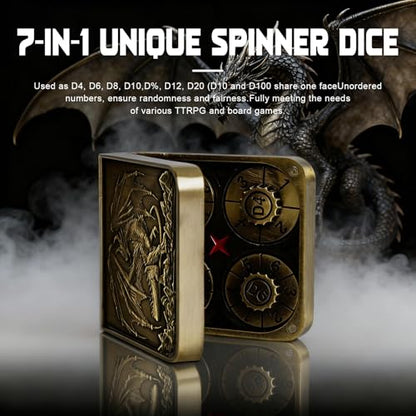 7-in-1 DND Pocket Spinner Dice Set, Foldable Flip Dice with Delicate Dragon Iron Box, Compact Dice Set for DND Role-Playing Games Fans (Glod) - color: Glod