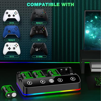 DINOSTRIKE 4X 6200mWh Battery Pack Compatible with Xbox One/Series S/X Controller Charging Station【Extended USB C Cable】 Rechargeable Battery Pack for Xbox - size: M-4Pack 6200mWh