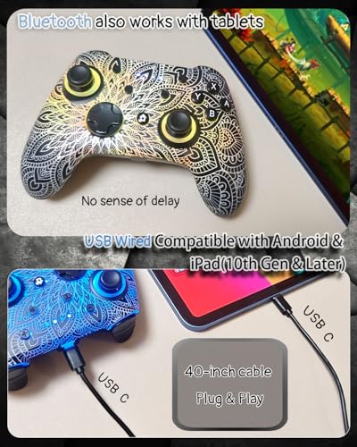 WZUICOV RGB Multi-Platform Game Controller for Switch, Phone, Tablet, PC, TV Box & Tesla - Bluetooth & Wired USB-C, with C-A Adapter, Phone Holder + Extra 25mm Cable - color: Geometric Space