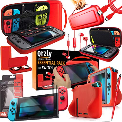 Orzly Essential Accessories Bundle for Nintendo Switch 1 & OLED, Red | Carry case, Screen protectors x2, Comfort grip case, Game cartridge case, USB charging cable, Wired earbuds, Stylus pen - color: Red, size: 6.2 inch Switch 1