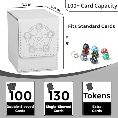 Card Deck Box with 2 Dividers, MTG Commander Deck Box Holds 100+ Double-Sleeved Cards, Leather Magnetic Deck Case Compatible with Magic TCG CCG Cards, White - color: 2. White, size: 100 Double-sleeved Cards Vertical