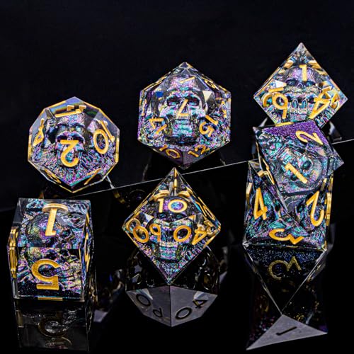 DND Skull Dice Set 7PCS Necromancer Polyhedral Dice for Dungeons Dragons RPG Role Playing Game, Resin Sharp Edged D and D Dice with Gift Box D6 D8 D10 D12 D20 (Purple Green) - color: Purple Green&gold
