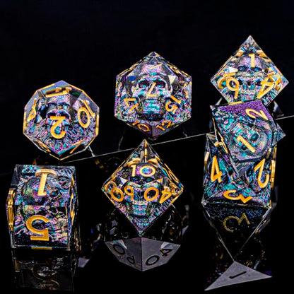 DND Skull Dice Set 7PCS Necromancer Polyhedral Dice for Dungeons Dragons RPG Role Playing Game, Resin Sharp Edged D and D Dice with Gift Box D6 D8 D10 D12 D20 (Purple Green) - color: Purple Green&gold