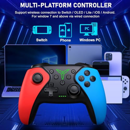 ELISWEEN Switch Controller 1-Pack, Wireless Pro Controller for Switch2/Switch/Lite/OLED, Bluetooth Gamepad with Programmable Back Buttons, Turbo, Vibration, Gyro, Compatible with iOS/Android/PC - color: Dark Red &Blue-1pack