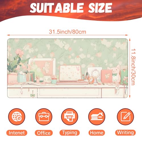 Desk Pad, Kawaii Anime Style Desk Mat, Green Cute Desktop Large Gaming Mouse Pad for Desk, 31.5"x15.7" Extended Big Computer Keyboard Mouse Pad with Non-Slip Base and Stitched Edge - color: Kawaii Anime Style