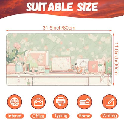 Desk Pad, Kawaii Anime Style Desk Mat, Green Cute Desktop Large Gaming Mouse Pad for Desk, 31.5"x15.7" Extended Big Computer Keyboard Mouse Pad with Non-Slip Base and Stitched Edge - color: Kawaii Anime Style