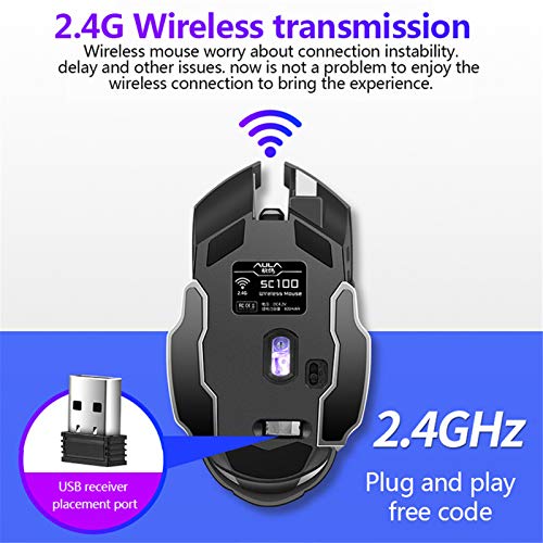 AULA SC100 Silent Wireless Gaming Mouse Rechargeable, with Side Buttons, LED Backlit, DPI Adjustable, 2.4G Wireless Optical Computer Mice Punk Cool Mouse for Games/Work (Black) - color: 2.4G (Black)