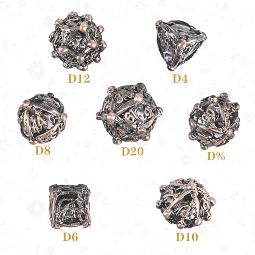 DND Metal Dice Set, UBEUCK 7PCS Gear Metal DND Dice Set for Dungeons & Dragons Board Games Boxes (Ancient red Copper dice) - color: Ancient Red Copper Dice