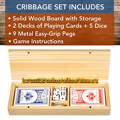 WE Games 3 Player Wooden Cribbage Set - Easy Grip Pegs and 2 Decks of Cards Inside of Board - Natural Wood - color: Natural
