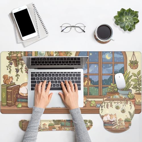 Arttown Keyboard Mouse Pad Set, 4 in 1 Desk Mat Set Kawaii Mushroom | Cat Frog Large Mousepad+Keyboard Wrist Rest+Mouse Wrist Rest+Coaster Ergonomic Design for Home Office Computer - color: Cat Frog