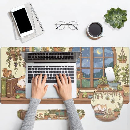 Arttown Keyboard Mouse Pad Set, 4 in 1 Desk Mat Set Kawaii Mushroom | Cat Frog Large Mousepad+Keyboard Wrist Rest+Mouse Wrist Rest+Coaster Ergonomic Design for Home Office Computer - color: Cat Frog