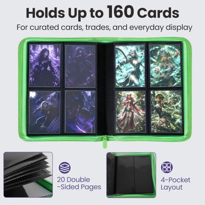 4 Pocket Trading Card Binder, Ringless Card Binder with Zipper for TCG and Sport Cards Collections, Holds 160 Cards with Side-Loading Pages, Purple & Neon Green - color: 2.Purple & Neon Green - 4 Pocket - 160 Slots