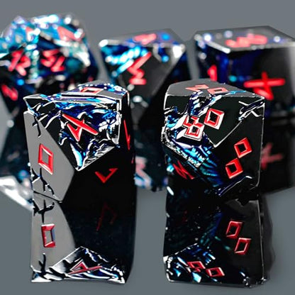 Blue Dragon Metal DND Dice Set, 7 Piece Weighted Polyhedral Dice for Dungeons and Dragons, Heavy Zinc Alloy RPG Dice with Engraved Numbers & Storage Gift Case for Pathfinder MTG Role Playing Games - color: Black Red