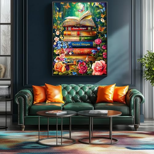 MINIWAN 1000 Piece Magical Garden Whispers Stacked Books Jigsaw Puzzle | 27.5"x19.7", Butterfly Design, Letters on Back, Reference Poster Included, For Adults & Seniors - color: Garden Whispers Book Stack