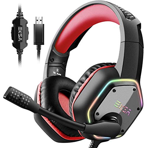 EKSA E1000 Gaming Headset, Computer Headphones with Noise Canceling Mic & RGB Light, 7.1 Surround Sound, Compatible with PC, PS4 PS5 Console, Laptop (Red) - color: Red