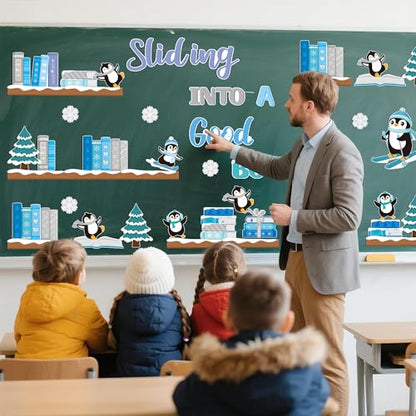 TICIAGA 79Pcs Winter Penguin Sliding Into A Good Book Bulletin Board Set, Winter Penguin Bookshelf Cutouts Trim Border for School Library Learning Classroom Chalkboard Wall Christmas Decorations - style: Winter
