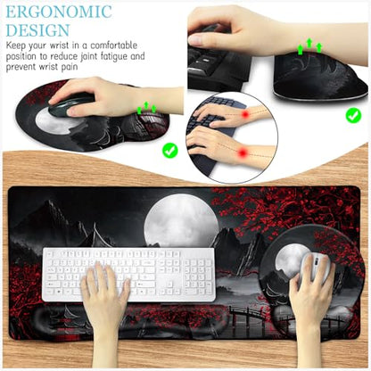 LIMKRIAN Japanese Ergonomic Mouse Pad with Wrist Rest, Large Desk Mat Set | Gaming Computer Mat, Keyboard Wrist Support, Coaster, Desk Matt for Desktop, Japanese Anime Office Supplies Desk Accessories - color: XXL-Full Moon