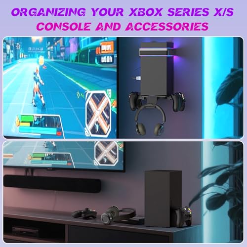 Wall Mount for Xbox Series X/S-Wall Mount Kit with 2 Controller Holder | Xbox series X/S Wall Mounted Bracket with1 Headset Stand & RGB Light, Safely Organize Your Xbox X/S Series Accessories - color: Grey
