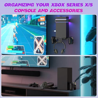 Wall Mount for Xbox Series X/S-Wall Mount Kit with 2 Controller Holder | Xbox series X/S Wall Mounted Bracket with1 Headset Stand & RGB Light, Safely Organize Your Xbox X/S Series Accessories - color: Grey