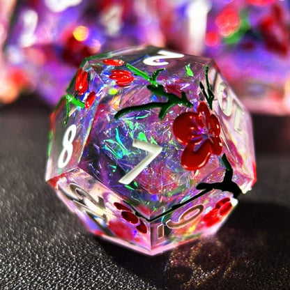 HAOMEJA Resin Flower Dice Set 7pcs/ Sharp Edged Polyhedral Dice/Apply to D&D/DND/RPG-MTG/Role Playing Table Game/Easter/Halloween Party Gift (Purple & White Numbers) - color: 7 Purple & White Numbers