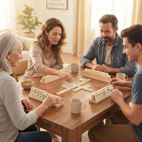 Dominos Set for Adults Double 6 Dominoes Set Domino Game with 4 Wooden Racks and Carrying Case 28 Tiles Classic Family Board Games Portable Travel Game