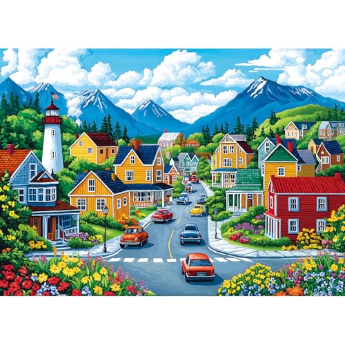 MINIWAN 1000 Piece Colorful Coastal Town Lighthouse Mountain Puzzle | Adults & Seniors, 27.5"x19.7", Letters on Back, Reference Poster - color: Colorful Mountain Town