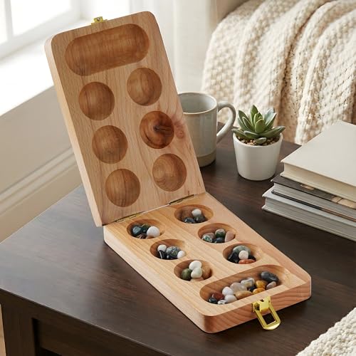 Ajuny Mancala Board Game, Real Natural Stones, Folding Wooden Travel Set | Solid beech wood, 80 unique real stones (48+32), folds & latches shut. Screen-free 2 player game for family night, kids 6+ - size: 8 Inch