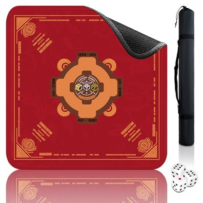 Mahjong Mat (33"x33")- American Mah Jongg Gaming Table Mat with Rules (Red) | Noise Reduction Non-Slip Mahjong Mat for Table with 3 Dice & Carrying Bag, for Mahjong Set/Poker/Card/Dominoes/Board Games - color: Red