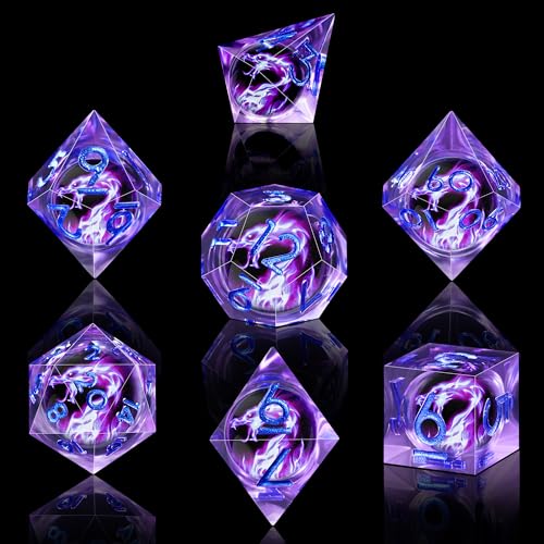 AUSTOR Violet Flame Dragon Dice Set - 7 Pieces Resin Dice: D20, D12, D10, D8, D6, D4 with Case - color: Violet Flame Dragon