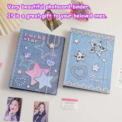 Kpop Photocard Binder with 6 Stickers Sheet & 50 Shinning Protective Sleeves Kpop Photocard Holder Book with Kpop Photocard, A5 Binder Photocard Album 30 Inner Pages with 240 Pockets (Jeans) - color: Jeans