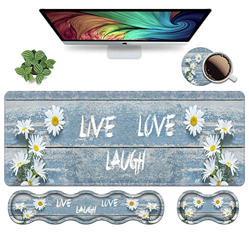 Ergonomic Keyboard Wrist Rest and Mouse Pad Wrist Rest Set,Dreamy Daisy Vintage Wood Board Live Laugh Love Large XXL Gaming Desk Mat 31.5"x 11.8",Non-Slip Base, Memory Foam,Easy Typing Pain Relief - color: Dreamy Daisy Vintage Wood Board Live Laugh Love
