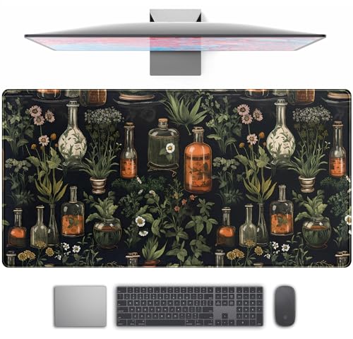 Black Aesthetics Desk Mat Mouse Pad Large Gaming Mouse Pad Desk Pad Mousepad, Mystical Green Plant Computer Laptop Keyboard and Mouse Mat, Desktop Protector Mat for Women Girl Office 31.5x15.8 in - color: Black Mystical Green Plant