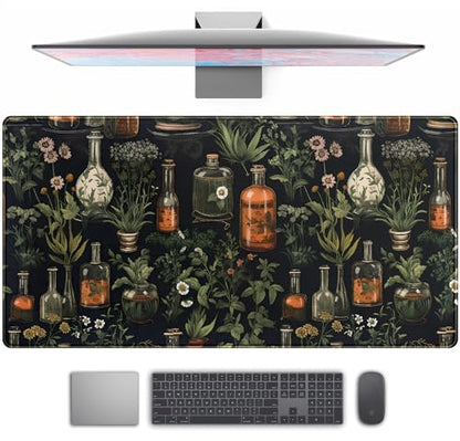 Black Aesthetics Desk Mat Mouse Pad Large Gaming Mouse Pad Desk Pad Mousepad, Mystical Green Plant Computer Laptop Keyboard and Mouse Mat, Desktop Protector Mat for Women Girl Office 31.5x15.8 in - color: Black Mystical Green Plant